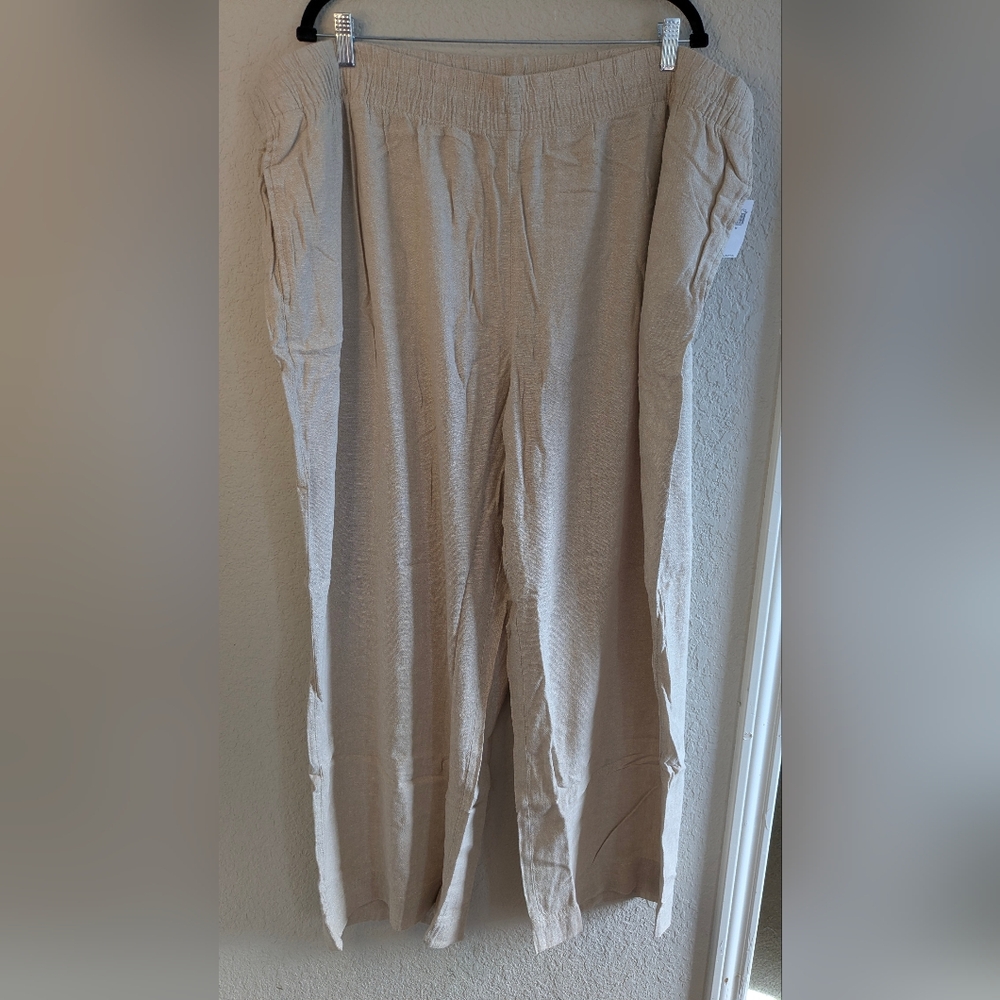 NWT Old Navy 3X Linen Blend Pants High Waist Wide Leg Elastic Waist Tan Beige
